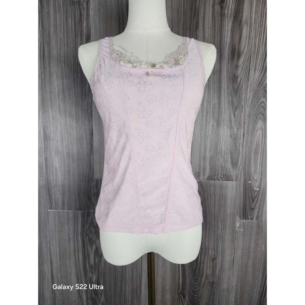 Rampage Pink Floral Jacquard Lace Trim Camisole Top‎ Medium Vintage Style Cami